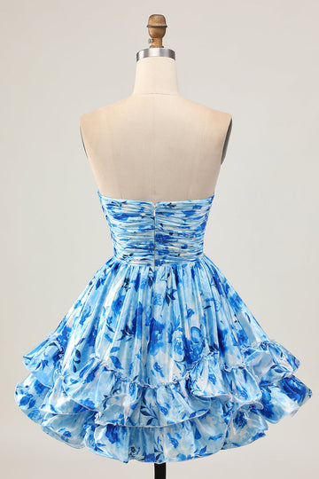 Strapless A Line Blue Floral Short Ruched Cocktail Dress